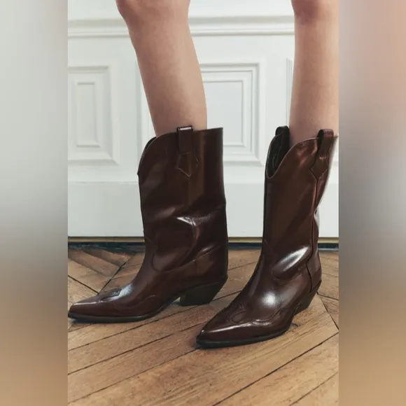 Zara burgundy leather western boots cowboy cowgirl boho ankle shoes