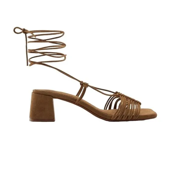Zara Low Chunky Block Heels Gladiator Lace Up Sandals Suede Brown 42 Lace Up 11