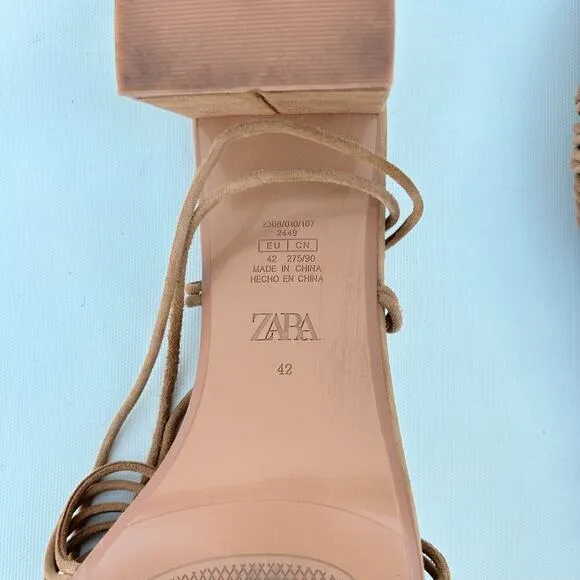 Zara Low Chunky Block Heels Gladiator Lace Up Sandals Suede Brown 42 Lace Up 11