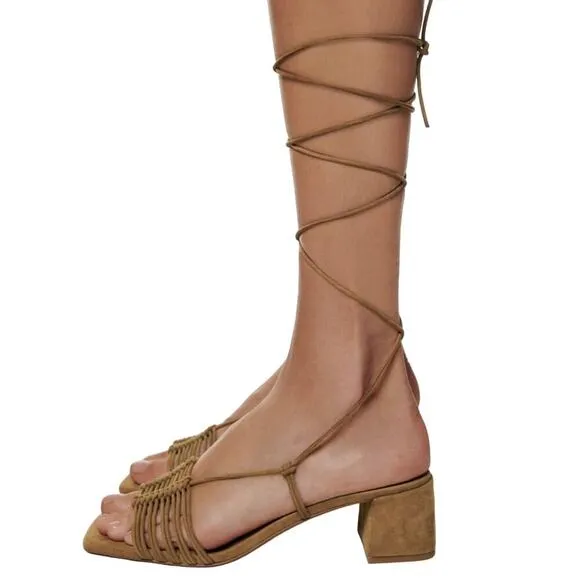 Zara Low Chunky Block Heels Gladiator Lace Up Sandals Suede Brown 42 Lace Up 11