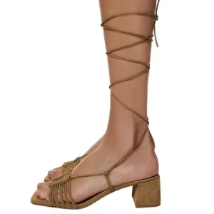 Zara Low Chunky Block Heels Gladiator Lace Up Sandals Suede Brown 42 Lace Up 11