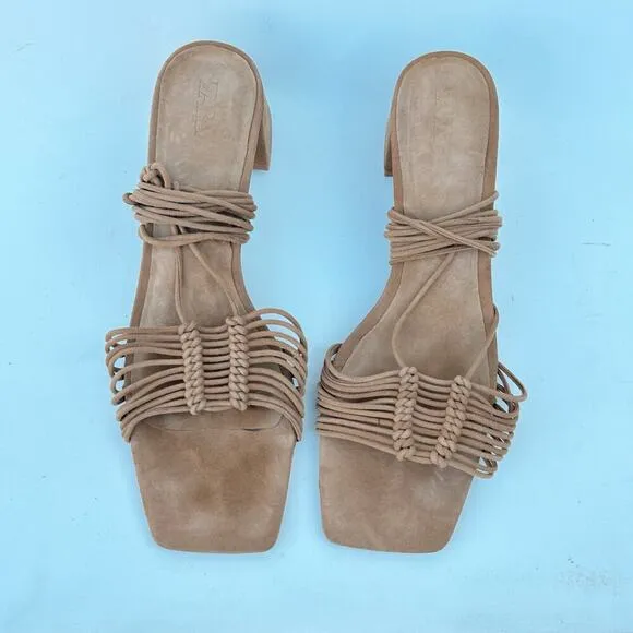 Zara Low Chunky Block Heels Gladiator Lace Up Sandals Suede Brown 42 Lace Up 11