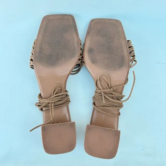 Zara Low Chunky Block Heels Gladiator Lace Up Sandals Suede Brown 42 Lace Up 11
