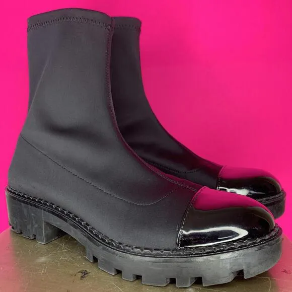 Zara Patent Cap Toe Black Sock Chunky Lug Sole Ankle Boot Sz 41