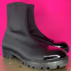 Zara Patent Cap Toe Black Sock Chunky Lug Sole Ankle Boot Sz 41