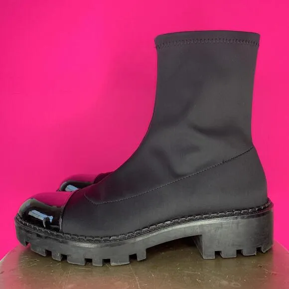 Zara Patent Cap Toe Black Sock Chunky Lug Sole Ankle Boot Sz 41