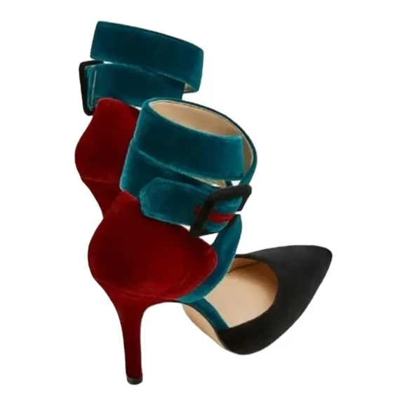 ZARA Teal Burgundy Color Block Ankle Strap Velvet Pointed Toe Heel Size 8