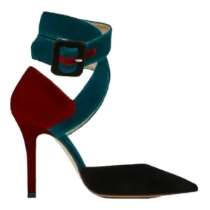 ZARA Teal Burgundy Color Block Ankle Strap Velvet Pointed Toe Heel Size 8
