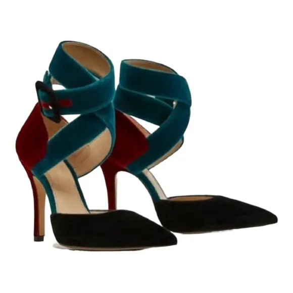 ZARA Teal Burgundy Color Block Ankle Strap Velvet Pointed Toe Heel Size 8