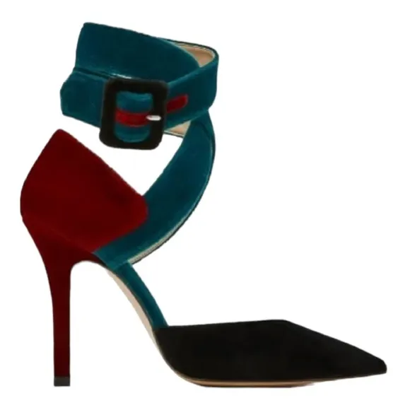 ZARA Teal Burgundy Color Block Ankle Strap Velvet Pointed Toe Heel Size 8