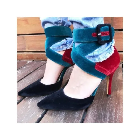 ZARA Teal Burgundy Color Block Ankle Strap Velvet Pointed Toe Heel Size 8