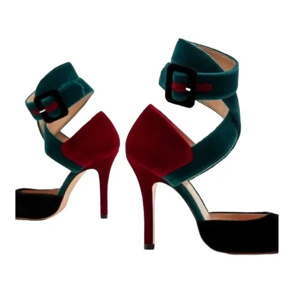 ZARA Teal Burgundy Color Block Ankle Strap Velvet Pointed Toe Heel Size 8